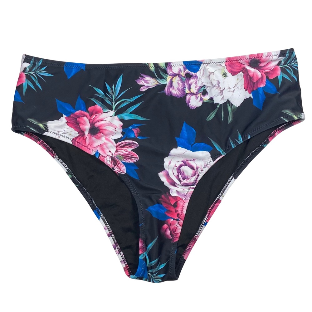 Beachsissi Floral High Waist Swimsuit Bottoms Women's Size XL Ruched Black
